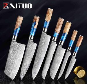 Xituo cozinha knivesset damasco aço chef faca cuteira paring utilidade de pão ferramenta de resina azul 16pcSset2937757