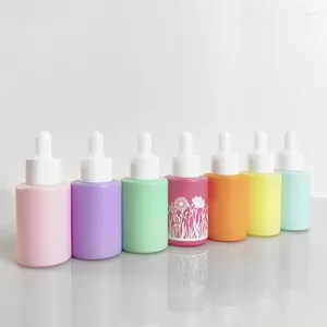 Speicherflaschen Makkaron Flache Schulter 30 ml rosa blau grün rot gelb lila orangefarbene Zylinder Frostedglas Serum -Tropfen -Bottlungen