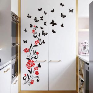 Farfalla nera Adesivi per pareti di fiore rosso frigorifero Armadio Cucina Decal Wallpaper Disterni del guardaroba Adebito da parete PVC