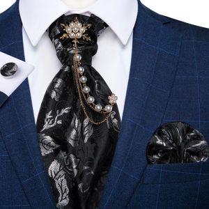 Mens Cravat Tie İpek Paisley Floral Siyah Kırmızı Ascot Broş Seti Düğün Partisi Noel Homme Su Takım Aksesuar240409