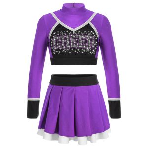 Kids Girls Cheerleading Dance Performance Costume Schoolgirls Cheerleader Cosplay Uniform Long Sleeve Rhinestone Crop Top Skirt