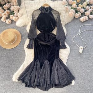 Casual Dresses Foamlina Hepburn Style Black Prom Dress Women's Bright Silk Mesh Splice Retro Velvet Temperament Fishtail Party