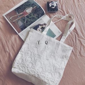 Bag Women Lace Canvas Simple Clean Cloth Shoulder Ladies Environmental Handbags White Pink Tote Zipper Purse Beach Bags