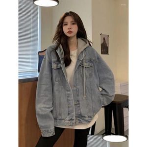 Women'S Jackets Womens Hooded Loose Denim Jacket Cowboy Spring Autumn Coat Harajuku Fashion Casual Cargo Jeans Oversize Outerwear Stre Dhevp