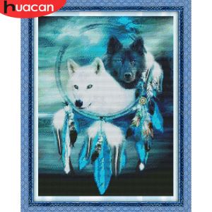 Pads Huacan Cross Wolf Dream Catcher Embroidery Kits Animal Print Canvas Dmc Threads Needlework Handmade Gift