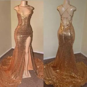 Guld paljett med hög lår split balklänningar sexiga rygglösa spaghettirem långa aftonklänningar kvinnor tillfälle bär bc0906