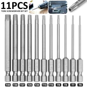 11st Torx Skruvmejsel Bit Set 1/4in Hex Shank Torx Star Hex Security Bit Set Magnetic Star S2 Steel Screwnriver Set Bits T6-T40