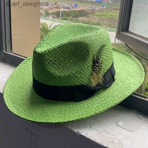 Breite Krempe Hüte Bucket Hats Grüne Herren Top Hut Panama Strohhut Sonnenschattierung Strandhut Mode und Frauen Sommer Jazz Hut Feder Jazz Hut Y240409