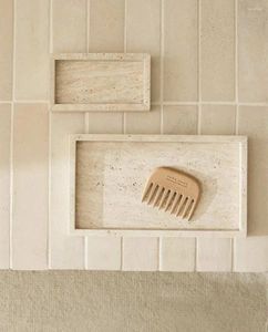 装飾的な置物カスタマイズされた卸売wabi-sabiスタイルトラバーチンベージュ大理石の石トレイ長方形の浴室の飾り