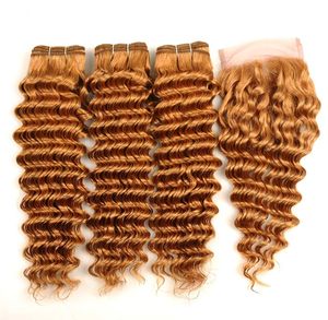 Deep Wave Honey Blonde hårbuntar med spetsstängning Deep Curly Virgin Peruansk hårförlängning och 4x4 spetsstängning 4pcslot9894647