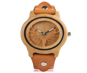Steampunk Natural Wood Watches Deer Elk Dial Men039s Bamboo Wrist Watch Quartz Clock Black Brown Leather Armband Rem Gift8148052