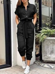 ZANZEA Women Overall Summer Fashion Cargo Jumpsuits Lapel Short Sleeve Rompers Elegant Lady Playsuits Vintage Work Pants Belted 240409