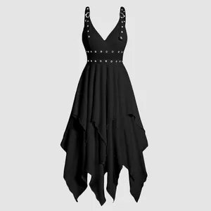 Casual Dresses Women Solid Gothic Vintage Dress Plain Color Layered Adjustable Strap Asymmetrical Midi Sleeveless Halloween Costume