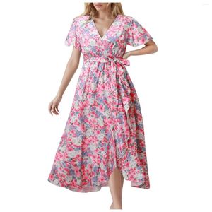 Casual Dresses Women's Floral Print Boho Dress Wrap V Neck Ruffle bälte en linje flödande maxi kvinnor korta ärmar fickor