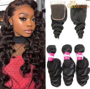 Cabelos de ondas soltas da Malásia com feixes de cabelo da Malásia com fechamento com fatos de cabelo humano não processados com fúlulos com 4x4 LACE CLO9307374