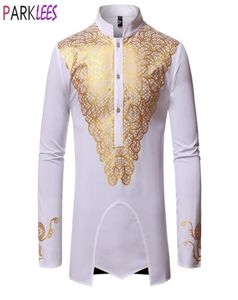 Abbigliamento da uomo africano stampato in oro metallico di lusso Agbada Abbigliamento da uomo da uomo bianco camicie da uomo White Wedding Mens Shirts Nehru Collar Dashiki Shirt 213970536
