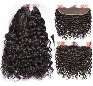 Pacotes de cabelo virgens de cabelo humano brasileiro inteiro, onda de água molhada e ondulada de cabelo virgem com 13x4 Ear a orelha Lace Frontal Closure2407268