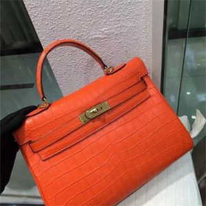 Handväska Crocodile Leather 7A kvalitet äkta handswen whosale 32 cm totes märke Real Matte Orange Color Wax Line Stitchingy069