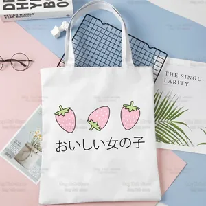Shopping Bags Japan Strawberry Juice Graphic Print Bag Shopper Eco Canvas Cotton Bolsas De Tela Shoping Reusable Sacolas
