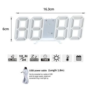 3D LED Digital Wall Clock Decor Diy Design Horloge com temperatura Alarmes de calendário eletrônico de temperatura para decoração da sala de casa