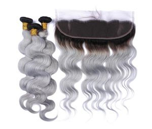 Dark Root 1BGrey Ombre Brazilian Human Hair Weaves Body Wave with 13x4 Full Lace Frontal Closure Ombre Silver Grey Virgin Hair 36862325