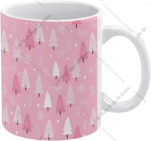 マグカップ抽象ピンクのクリスマスツリースノーマグセラミック飲酒カップハンドルホワイトコーヒー11オフィスホームディーギフトのための11オンス
