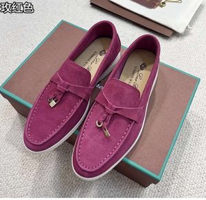 Kvinnors sommarpromenad Suede Printing Casual Shoes Loro Piano Man Tasman Loafers Flat Heel Dress Shoe Luxury Leather Sneakers Black Moccasin Slip On Gummi Shoe Gree