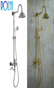 Rolya Chromegolden Classic Classic Round Rain Shower Head Hand Shower Set Cross Handle in Gold SolidBrass2535914