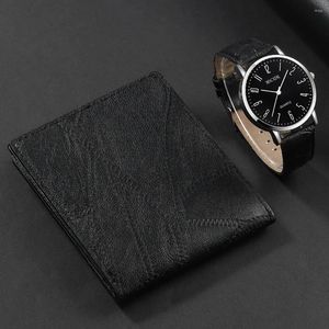 Нарученные часы 2pcs Watch Wallet Set для мужчин Классический бизнес кварцевые наручные часы Мужские черные кожаные часы Retro Reloj hombre