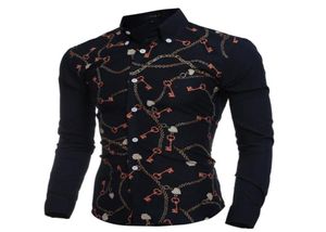 2020 Fashion Nyckelkedjetryck Herrklänning Skjortor Långärmad Slim Fit Casual Social Camisas Masculinas för Man Chemise HomMe7219432