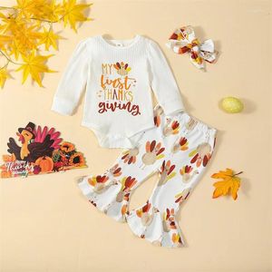 Clothing Sets Baby Girls Fall Outfit Long Sleeve Letters Print Romper With Turkey Flare Pants And Headband Thanksgiving Clothes