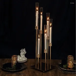 Ljushållare Design 6 Arms Tall Acrylic Tube Holder Gold Candlestick Candelabra For Wedding Centerpiece