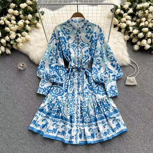 Dress Designer Woman Luxury Palace style retro dress Lady gentle red green blue White goes with everything Fashion Designer Long Lantern Sleeve Single Breasted