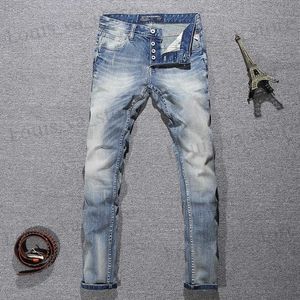 Jeans masculinos estilo italiano Men Jeans Retro azul claro elástico Slim Fit Ripped Jeans Men Buttons Buttons Troushers Designer vintage calças jeans T240409