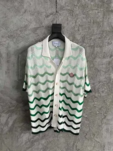 Mens Designers Polo Shirt Unisex knitwear Luxurys CASABLANCA Shirt green wavy stripes advanced Pearl button Hollow out Men Casual knitwear loose short sleeves
