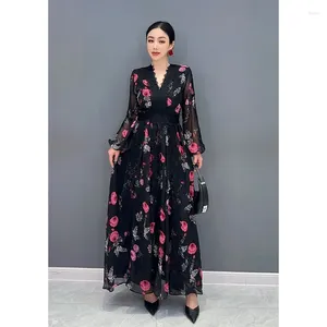 Casual Dresses Superaen Spring Summer 2024 Chiffon Tryckt Lång spets V-Neck Sleeve Elegant Fashion Lady