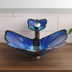 Butterfly-shaped Tempered Glass Bathroom washbasin Hotel Washroom Countertop Sink Personalized Hand Wash Pool Art Basin With Tap