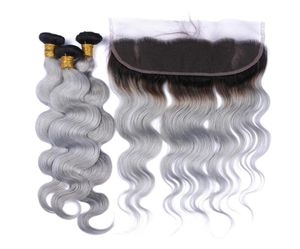 Raiz escura 1bgrey ombre brasileiro Human Hair tece onda corporal com 13x4 Lace Full Frontal Closure ombre Silver Grey Virgin Hair 37512901