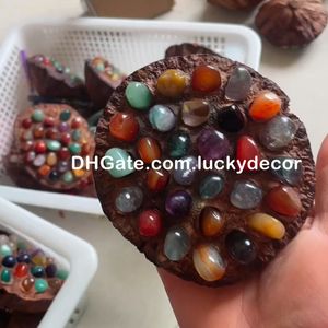 Chakra Quartz Crystal Stone Lotus Seedpod SCULPTURA fatta a mano Multicolore naturale semi preziosa preziosa meditazione pod loto meditazione yoga rituale altare pagano