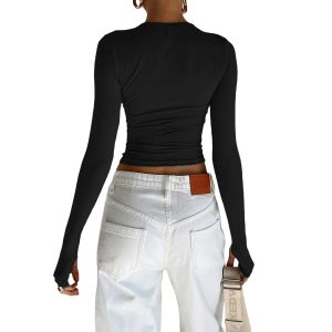 Women's Long Sleeve Tops Fall Solid Color Slim Fitting Crop Tops Crew Neck Tight Tee Shirts with Thumb Holes Stretch T-Shirts