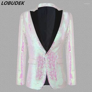 Men's Suits Plus Size White Reflective Sequins Suit Jacket Fashion Slim Shawl Collar Sequined Blazers Tuxedo Stage Clothes Prom Wedding Coat