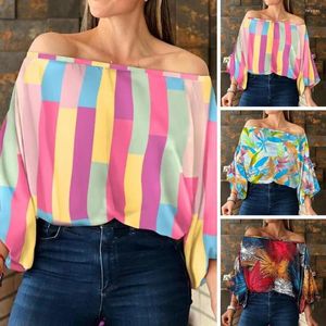 Blouses feminina Mulheres Summer Top listrado impressão fora de folha de ombro Padrão de lanterna Lanterna Batwing Pullover Blouse Roupas femininas