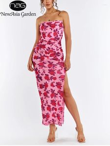 Casual Dresses Asia Floral Print Off Axel Mesh Long Dress Side Slit Ruched Bone Tube Bodycon Fashion Party Maxi