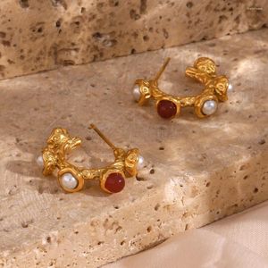 Hoop Earrings 2024 Trendy Girls Y2K Jewelry Syntheic Pearl Red Carnelian Natural Stone Setted Vintage Flower Shape Stainless Steel Earring