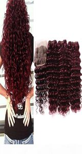 Bourgogne spetsstängning Deep Wave Brasilian Human Hair Wine Red Raw Curly Ocean Wave 99J Hair Extension Weave Wavy Bunds With2038037