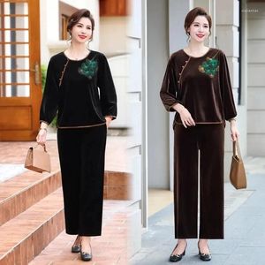 Women's Two Piece Pants Autumn High End Temperament Middle Aged Mother Gold Velvet Sets Loose Casual Tracksuit Women Elegant Outfit Suit 6XL