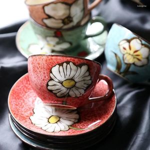 Mugs 250ml 8oz Creative Chinese Style Coffee Cup Tea And Plate Set Afternoon Juice Red Blue Teal Pink Ceramic With Saucer