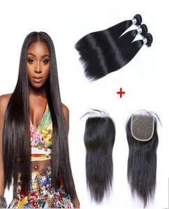 Brazilian Straight Human Virgin Hair Weaves With 4x4 Lace Closure Bleached Knots 100gpc Natural Black Color 1B Double Wefts Hair 2467610