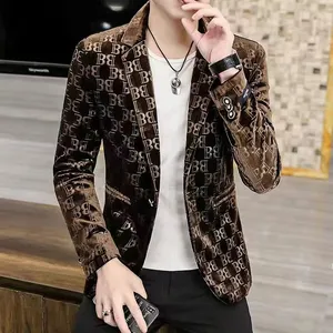 Hoo Erkekler Dört Seasons Kalp Şeklinde Jacquard Blazer Gold Velvet Sıradan İnce Yakışıklı Blazer Ceket 2024