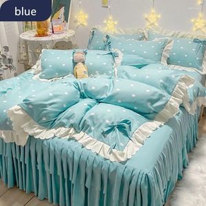 Bettwäsche Sets reine Farbe Polyester Prinzessin Zimmer Mädchen Blaues Set Single/Doppel -Bettbedeckungsbett Rock Kissenbezug Home Textile